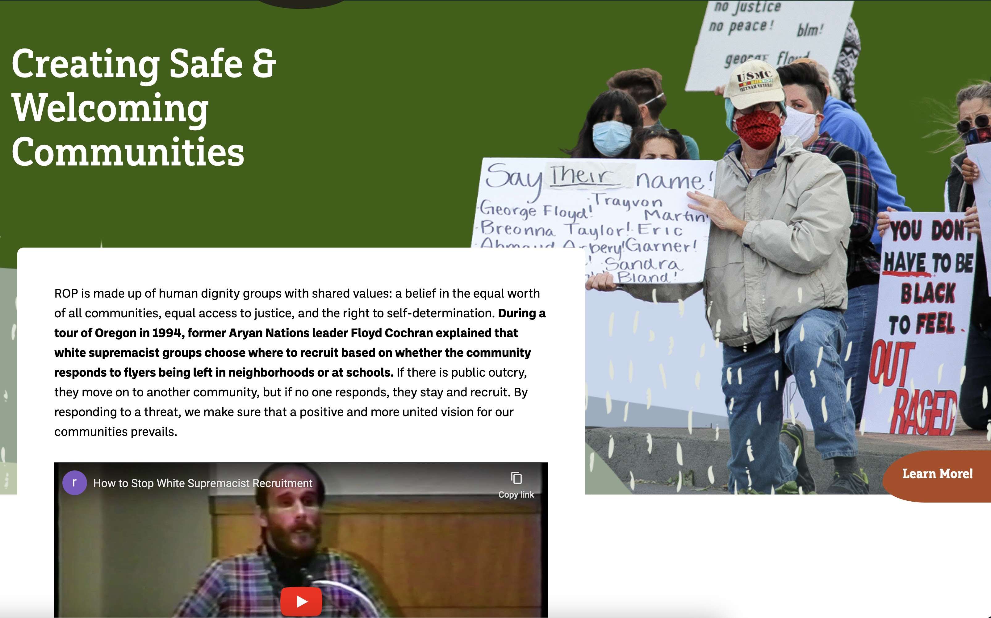 Image of the "Creating Safe & Welcoming Communities" panel of the digital exhibit. Click here to read the page.